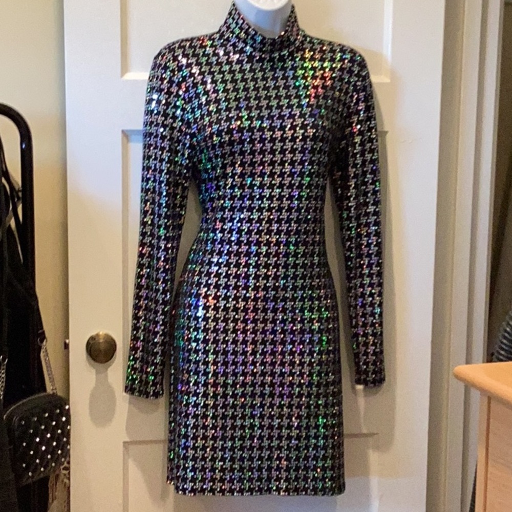 L'AGENCE Holographic Black Houndstooth Long-Sleeve Mini Dress